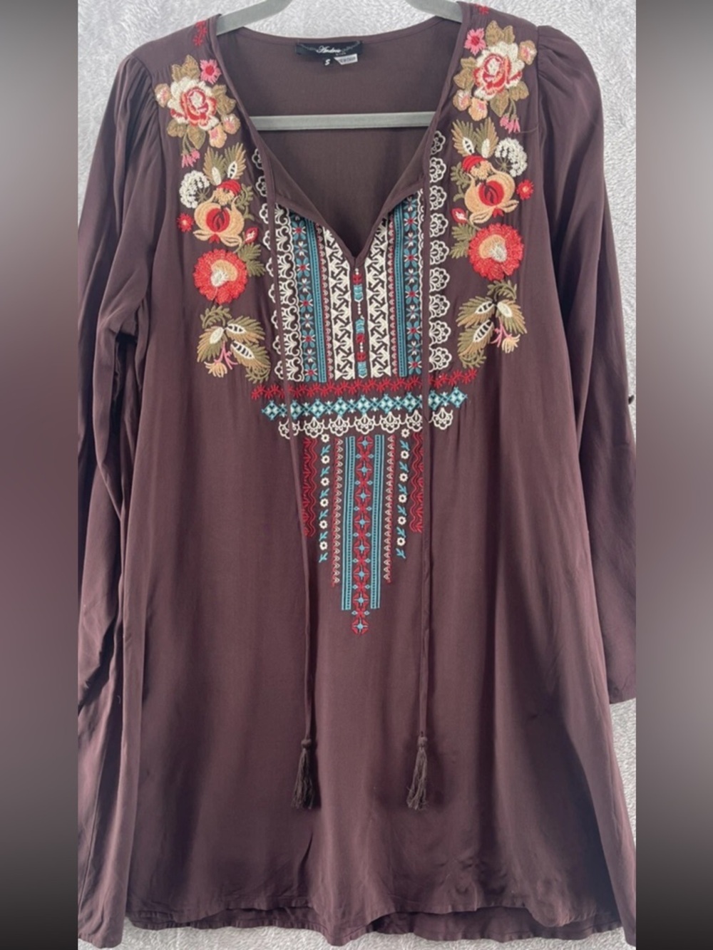 Andree Brown Embroidered V-Neck Tunic with Red & Cream Floral Accents #618
